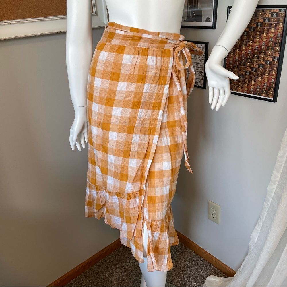 Lilla P- Gingham Tie Waist Midi Flounce Skirt Size Medium Orange and White
